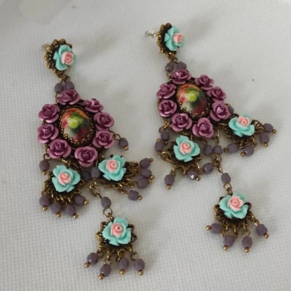 Vintage Style Floral Baroque Earrings Micro Mosaic Style Flower Painting NEW